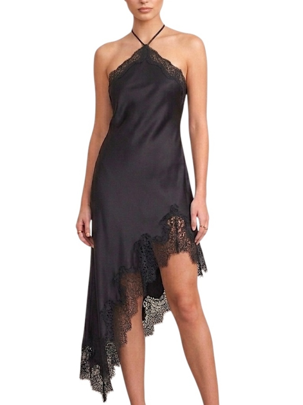 NWT REVOLVE Camila Coelho black satin lace silky asymmetrical slip dress M